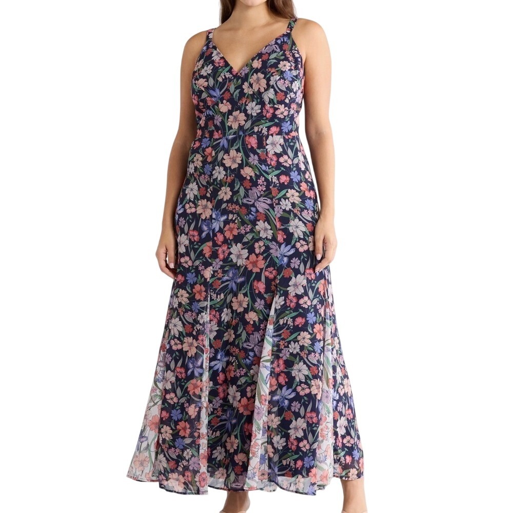 Hutch Belinna Floral Chiffon Maxi Dress Navy Multi Plus Size 14W NWT